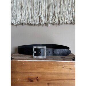 Guess Vintage Black Tooled Leather Oversized Square Silver Rhinestone Belt XL